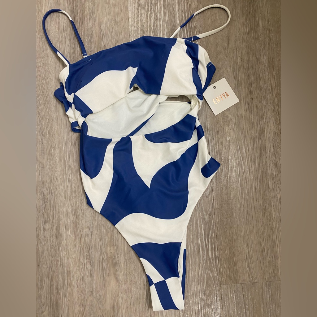 Blue And White Abstract One Piece Swimwear Asymmetrical Design